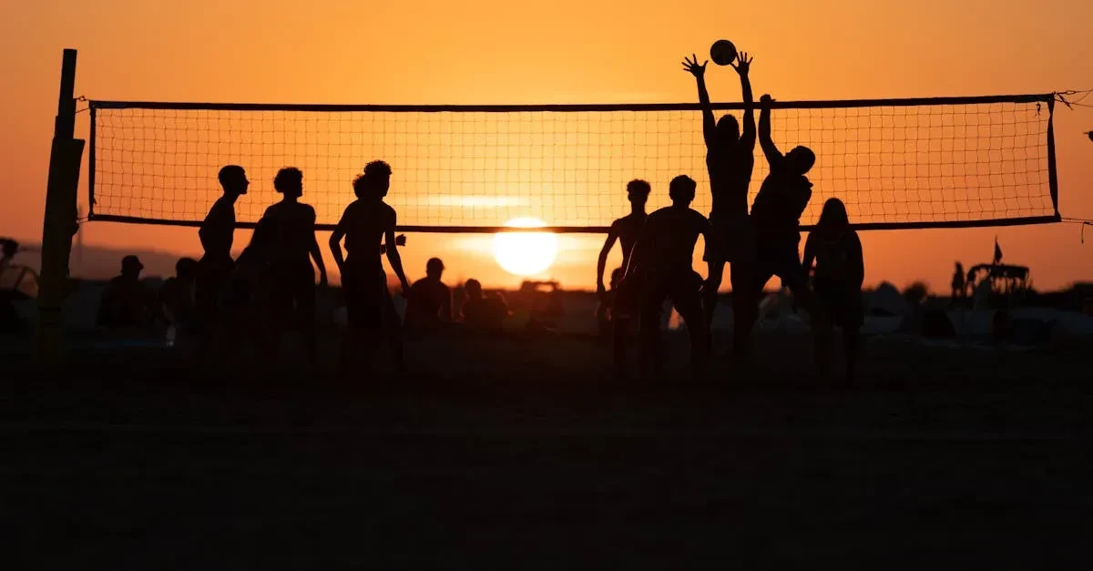 Group of teenagers laughing and competing in the best backyard games for teens, a fast-paced match at dusk