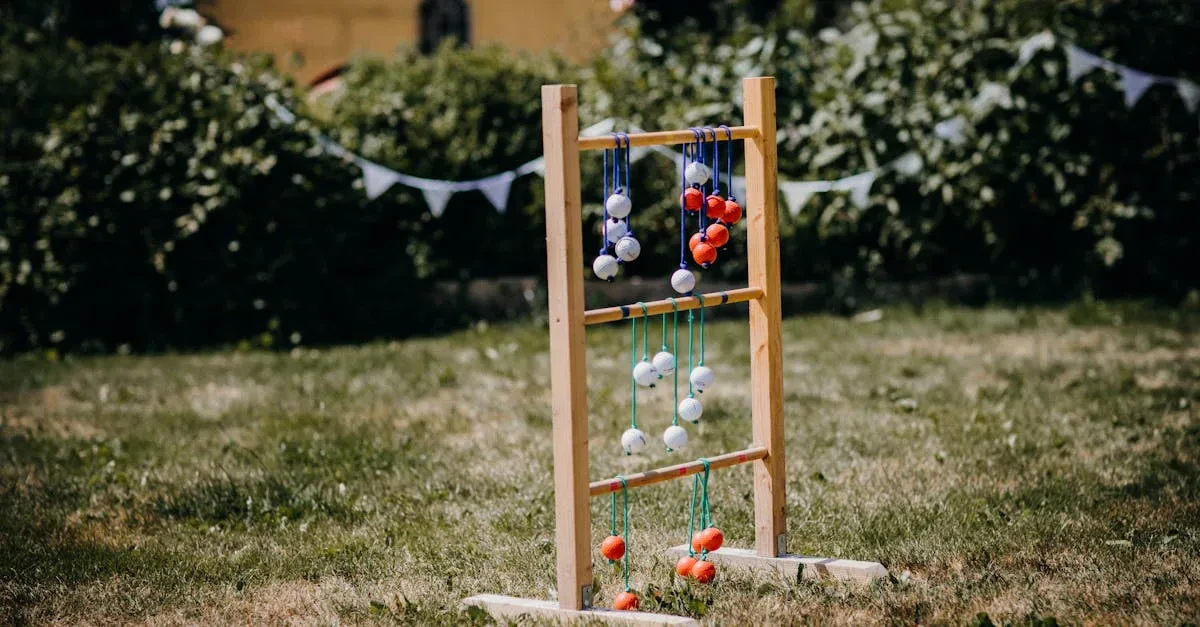 A bright sunny backyard with a mix of the best backyard games set up and a group mid-play
