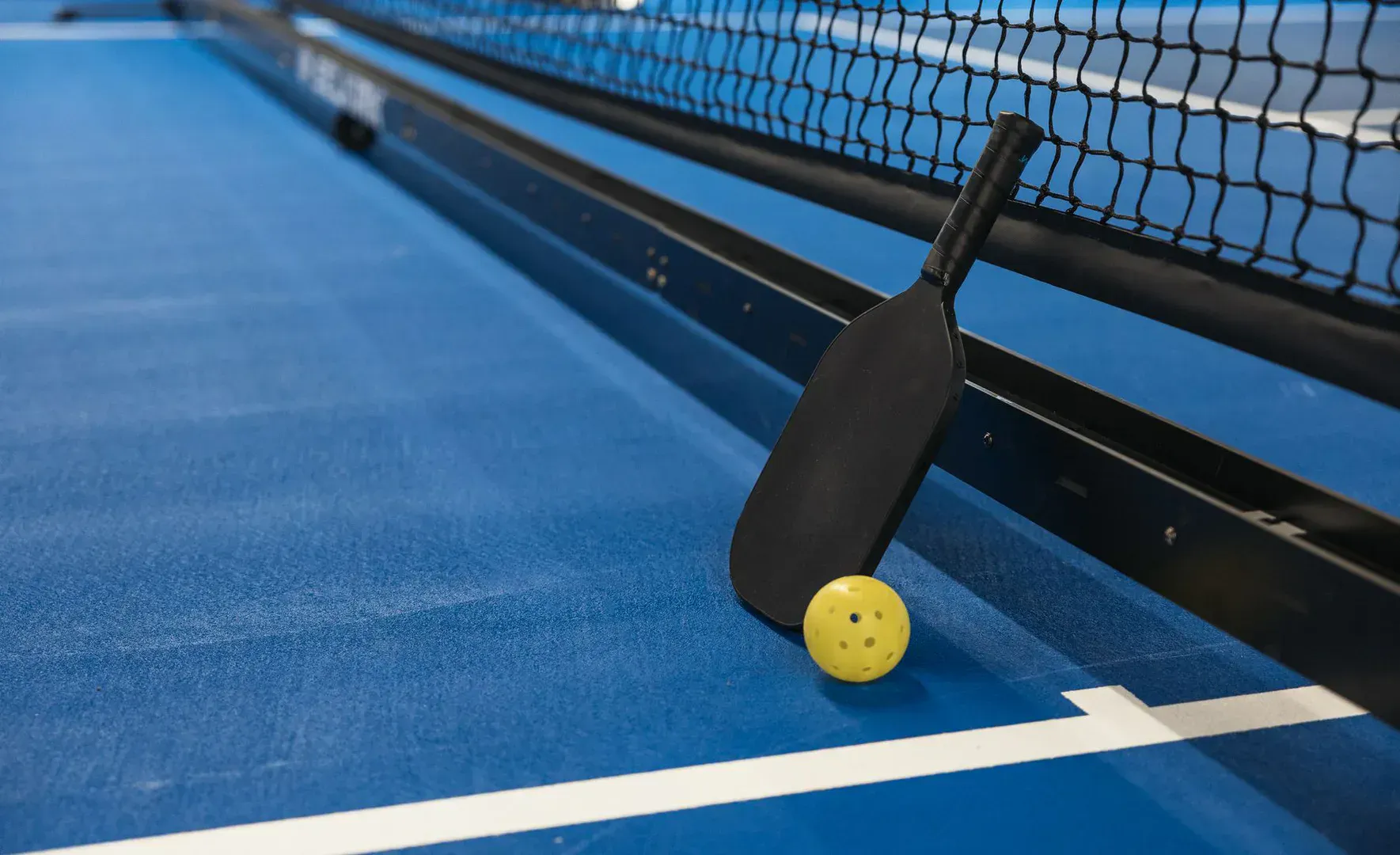 Portable pickleball net set up across a paved driveway with paddles and balls ready, the kind of complete kit you want for the best pickleball set for driveway play
