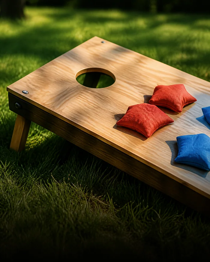 A wooden cornhole board with red and blue bean bags on a backyard lawn