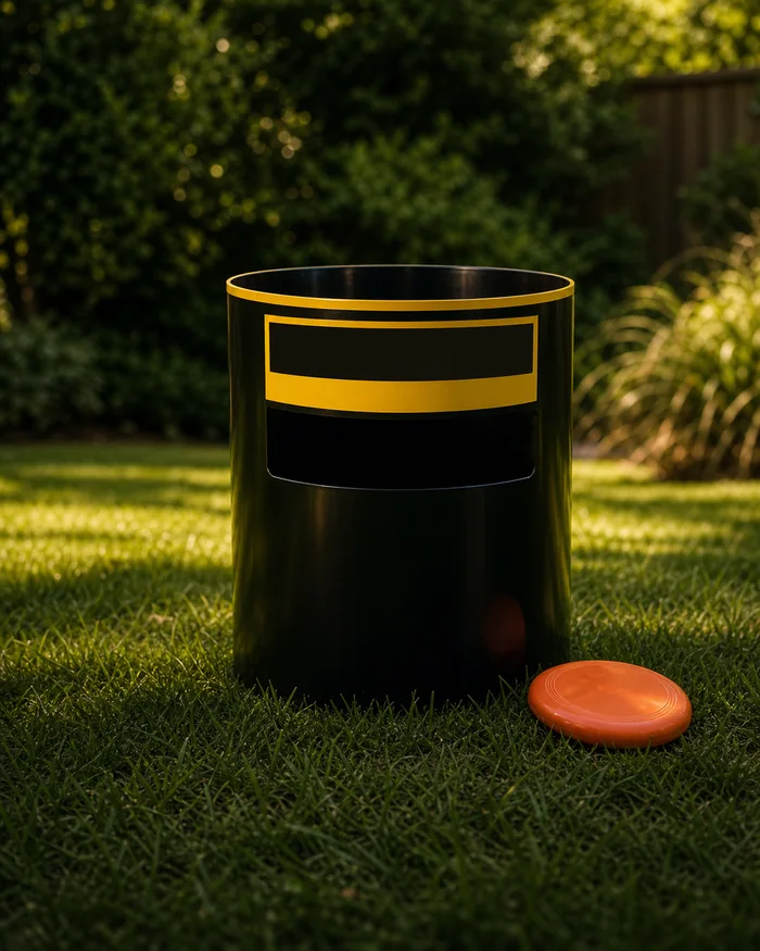 A black flying disc target and orange disc on the lawn