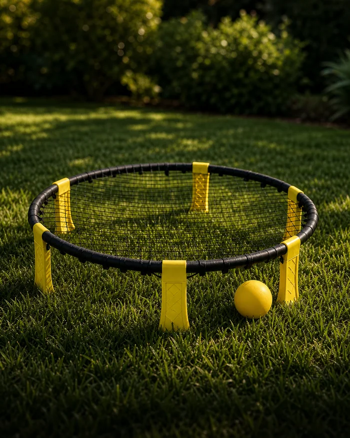 A black and yellow roundnet set on a sunny backyard lawn