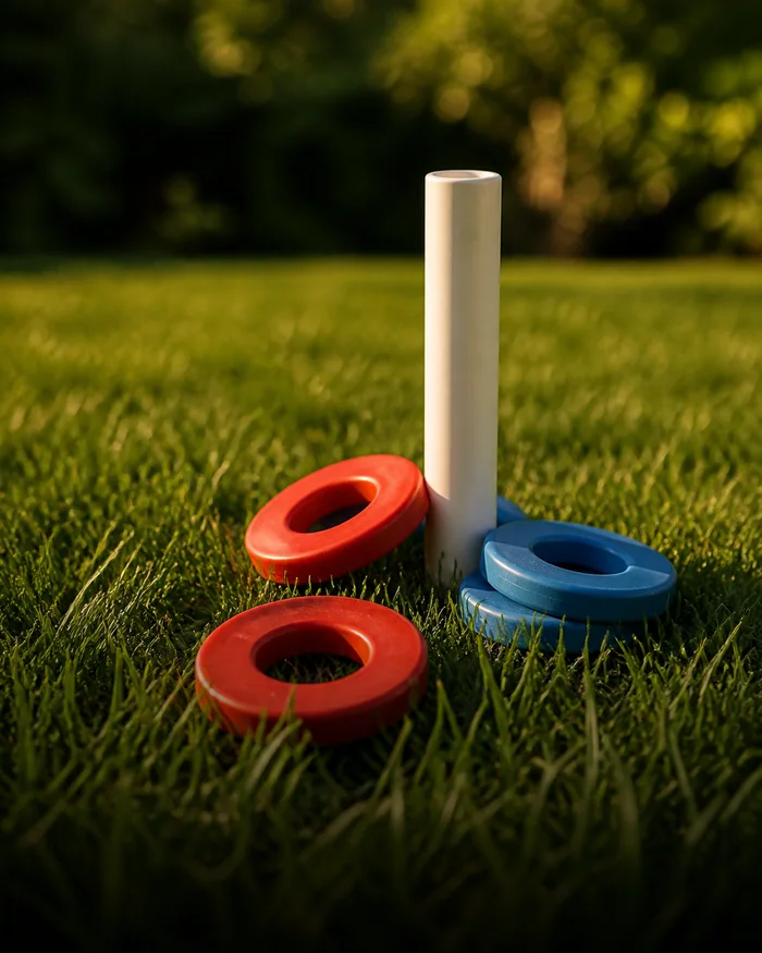 Red and blue washer toss rings beside a white target pipe