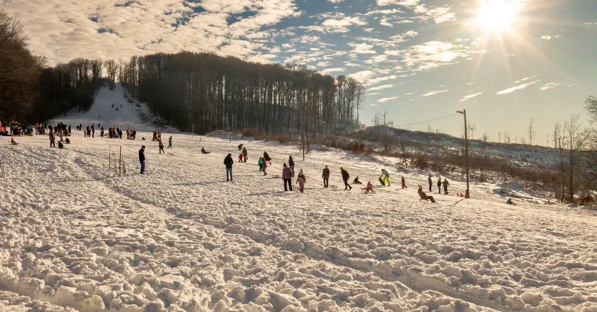 Bundled-up family laughing while playing winter outdoor games in a snowy backyard on a bright winter day